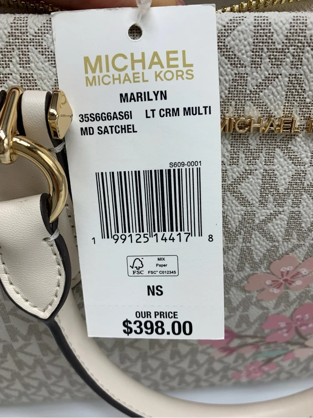 Michael Kors Marilyn medium LigCream Signature Satchel with Pink Floral Accents